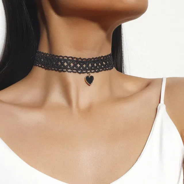 VenusFox Black Leather Velvet Choker Necklace