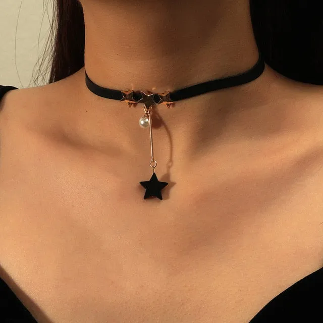 VenusFox Black Leather Velvet Choker Necklace