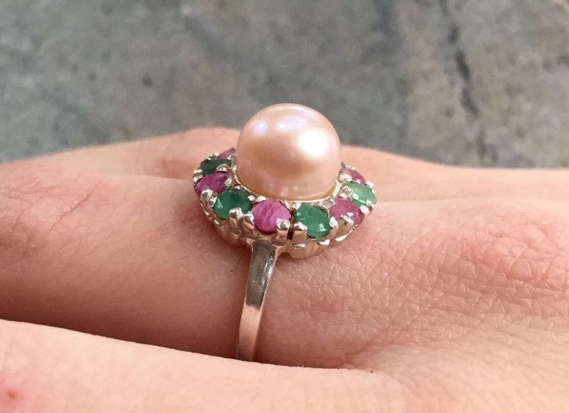 Victorian Pearl Ring - Pearl Flower Ring - Beige Pearl Ring