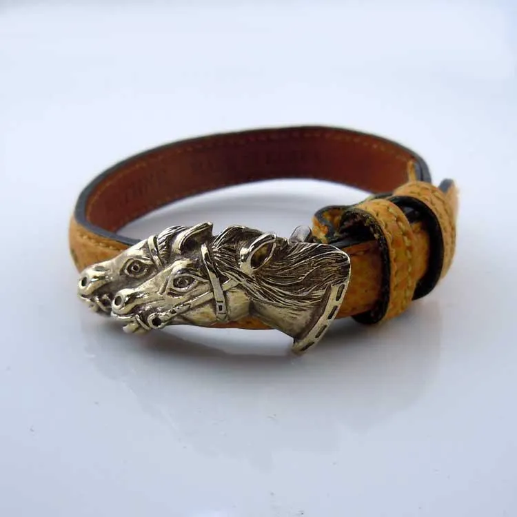 Vintage Vermeil Two Horse Head Clasp on Leather Bracelet