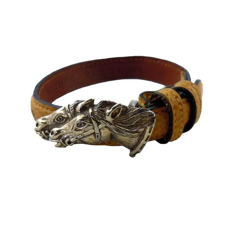 Vintage Vermeil Two Horse Head Clasp on Leather Bracelet