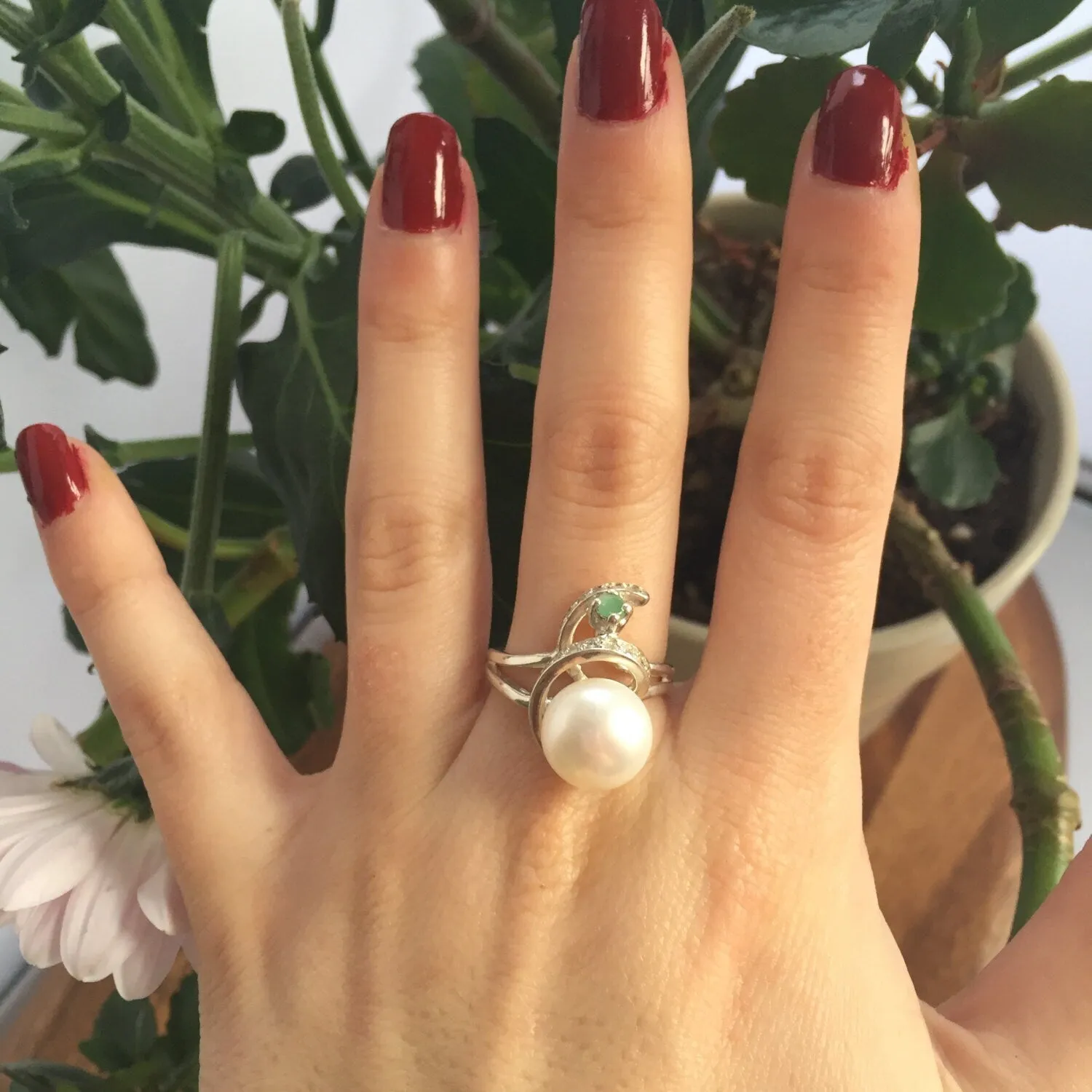 White Pearl Ring - Swirl Silver Ring - Pearl Statement Ring