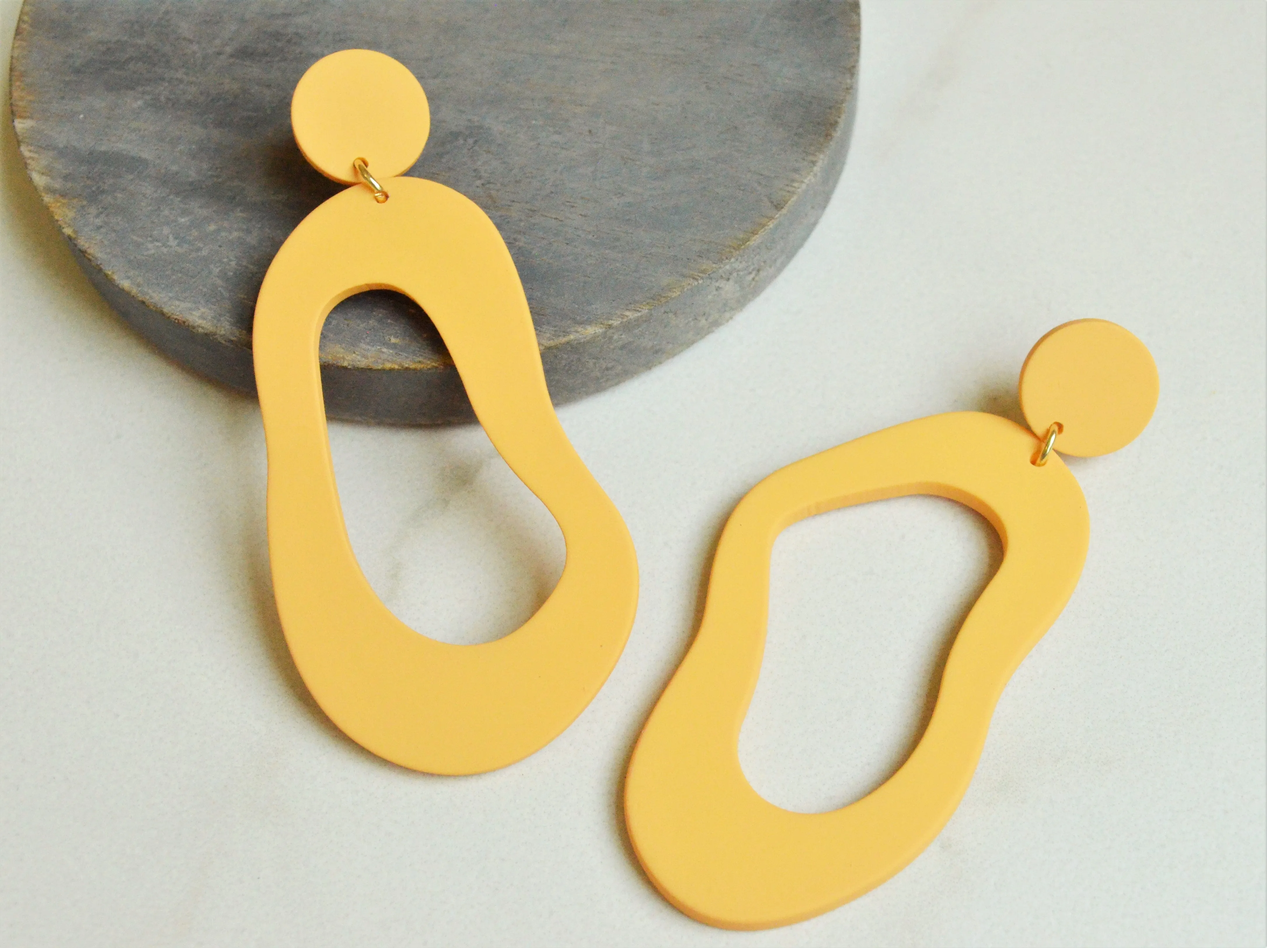 Yellow Big Abstract Large Acrylic Matte Statement Dangle Earrings